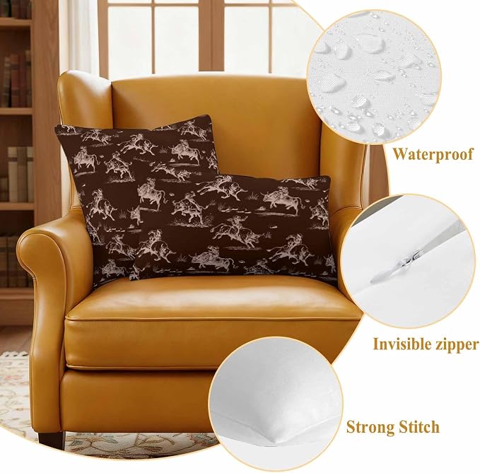 Western Cowboys Outdoor Pillow Covers Waterproof, All Weather Cushion Case Set of 2, Brown Farmhouse Country Pastoral Scenery Decorative Pillowcases for Sofa Couch Bed Decor Patio Furniture 16"x16"