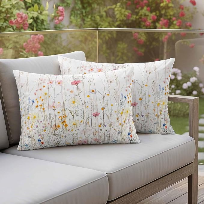 Vintage Flowers Waterproof Outdoor Pillow Covers 20''x12'' Set of 2, Botanical Patio Furniture Spring Cushion Covers for Chairs, Decorative Watercolor Wildflowers Pillow Cases for Garden/Pool/Beach