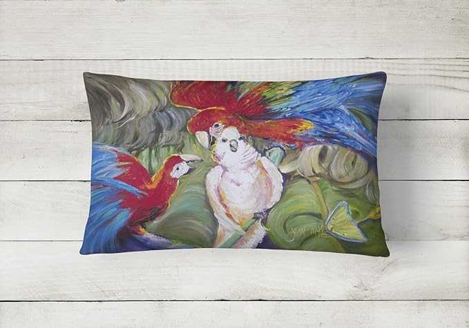 Caroline's Treasures JMK1018PW1216 Menage-a-Trois Parrots Canvas Fabric Decorative Pillow Machine Washable, Indoor Outdoor Decorative Pillow for Couch, Bed or Patio, 12HX16W