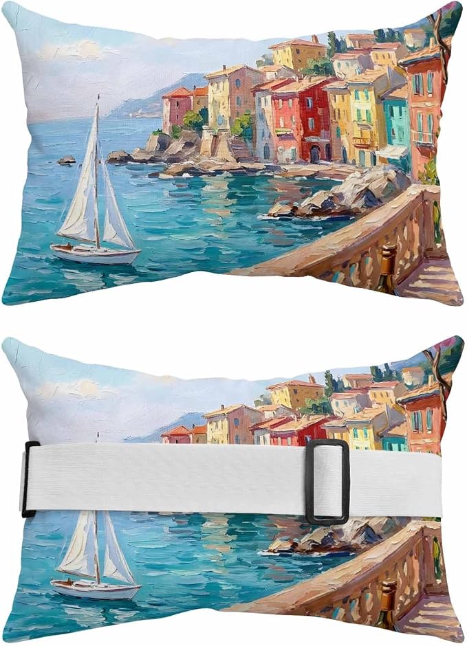Outdoor Lumbar Pillow Set of 1, Coastal Nautical Waterproof Beach Headrest Pillow with Inserts, Modern Ocean Oil Painting Country Sailboat Recliner Throw Pillows for Patio Furniture, 11 x 16