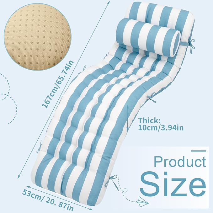 Tudomro Outdoor Chaise Lounge Cushion 66x21x4'' Waterproof & Fade-Resistant Patio Pool Chaise Lounge Cushion Headrest Pillow Tie Replacement Rocking High Back Chair(Blue, White Stripe,Set of 2)