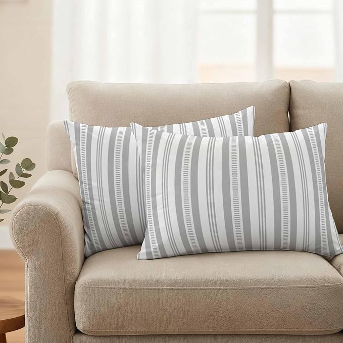Gery Striped Outdoor Waterproof Pillow Covers, Farmhouse Stripes Modern Geometric Decorative Rectangle Throw Pillowcase Sofa Cushion Sham for Patio/Couch/Chair, 20"x12" 2 Pack