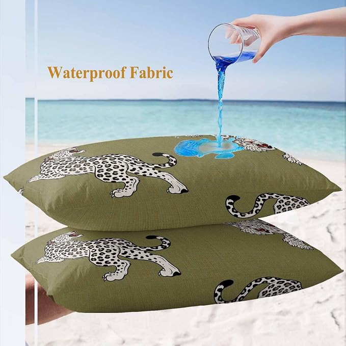 Yukro Green Leopard Outdoor Waterproof Pillow Covers Pack of 2, Modern Style Wild Animal Rustic Linen Texture Throw Pillowcases Decorative Cushion Covers for Garden Patio Tent Sofa Couch, 20x12 inch