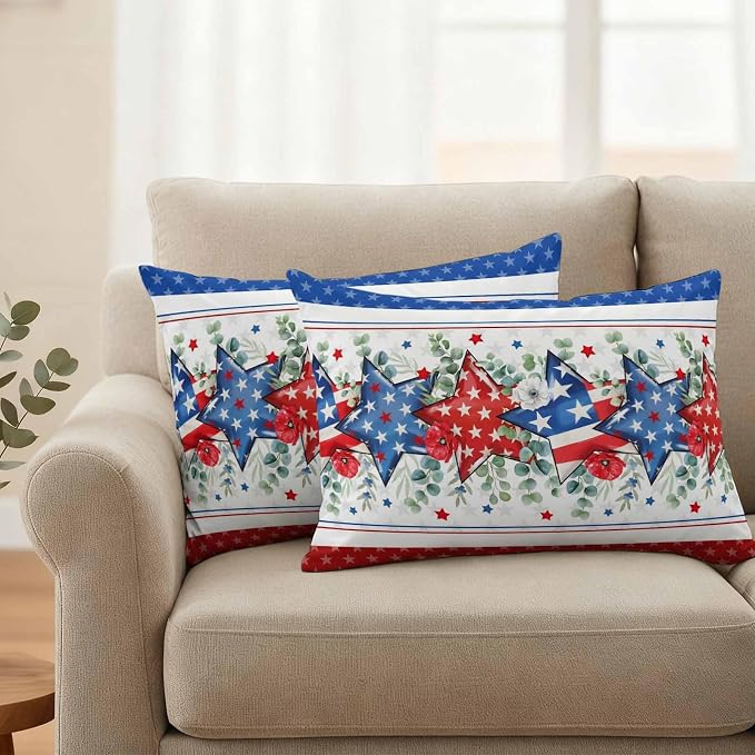 Independence Day Star Outdoor Pillow Covers 20"x12" Set of 2, Waterproof Throw Pillow Covers for Patio Furniture, Farm Red Blue White Star Eucalyptus Leaves Decorative Cushion Covers for Porch