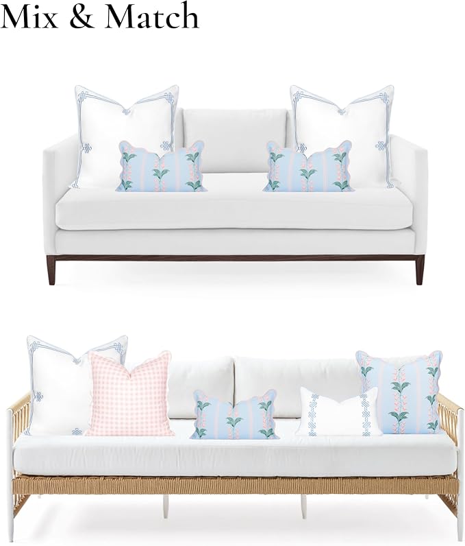 Hofdeco Premium Grandmillennial Patio Indoor Outdoor Lumbar Pillow Cover Only, 12"x20" Water Repellent for Backyard, Couch, Poolside, Baby Blue Pink Print Watercolor Striped Lily of the Valley