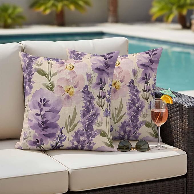 Spring Flowers Outdoor Waterproof Throw Pillow Covers Set of 2, 24"x24", Lavender Leaf Purple Floral Vintage Decorative Pillow Covers Outside Cushion Case for Patio Porch Garden