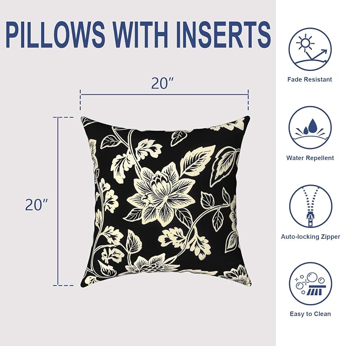 Outdoor 20x20 Inch Throw Pillows with Inners, Square Pillows Decorative Set of 2 for Home Garden Furniture, Elegant Vines Black