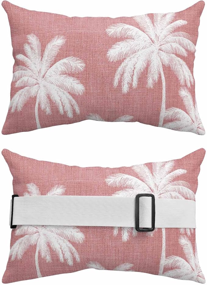 Pack of 4 Outdoor Lumbar Pillow Covers 12x20 Inch, Pink Palm Trees Waterproof Throw Pillow Covers Set, Farmhouse Tropical Summer Beach Indoor&Outdoor Decorative Cushion Cases for Patio Porch Car