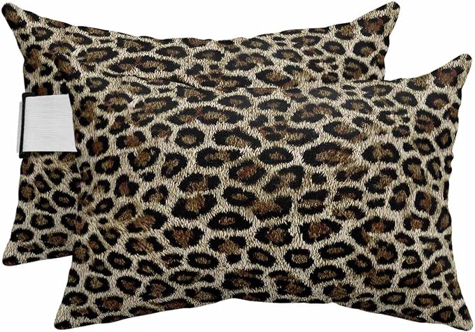Pack of 2 Outdoor Lumbar Pillow Covers 11x16 Inch, Leopard Waterproof Throw Pillow Covers Set, Farmhouse Vintage Classic Brown Indoor&Outdoor Decorative Cushion Cases for Patio Porch Car