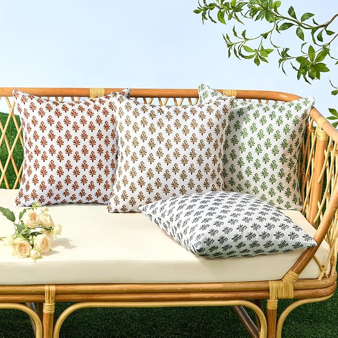 Outdoor Pillow Covers 18x18 Set of 2 Boho Rust Floral Accent Print Decorative Fall Pillow Cases for Outdoor Waterproof Patio Furniture Garden Porch Sofa Bed Cushion Covers Home Decor JB005-H18