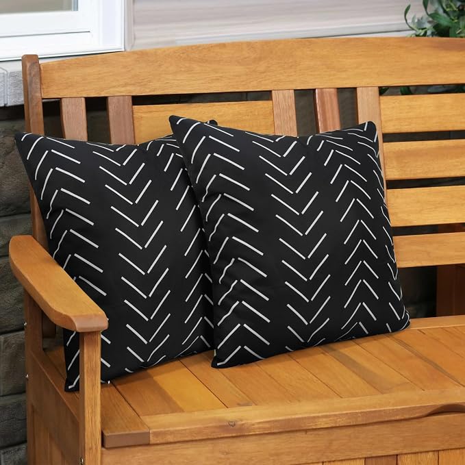 Adabana Geometric Waterproof Outdoor Pillow Covers 16x16 Black and White | Set of 2 Waterproof Design for Patio, Porch, Garden and Beach Decor