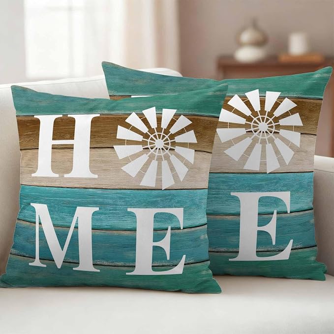Outdoor Pillow Covers Set of 2, Home Windmill Farmhouse Wooden Decorative Throw Pillow Covers 18X18IN, Farm Teal Wood Board Throw Pillows Protector Cushion Case for Patio,Couch,Sofa,Garden