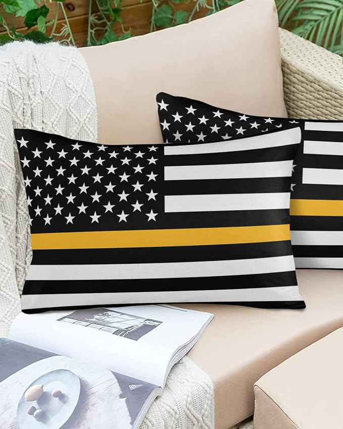 Outdoor Waterproof Pillow Covers Set of 2, Thin Gold Line Dispatchers Dispatch Communications Officer American Flag Patio Throw Pillow Covers, Decorative Cushion Case for Sofa Furniture, 20x12 Inch