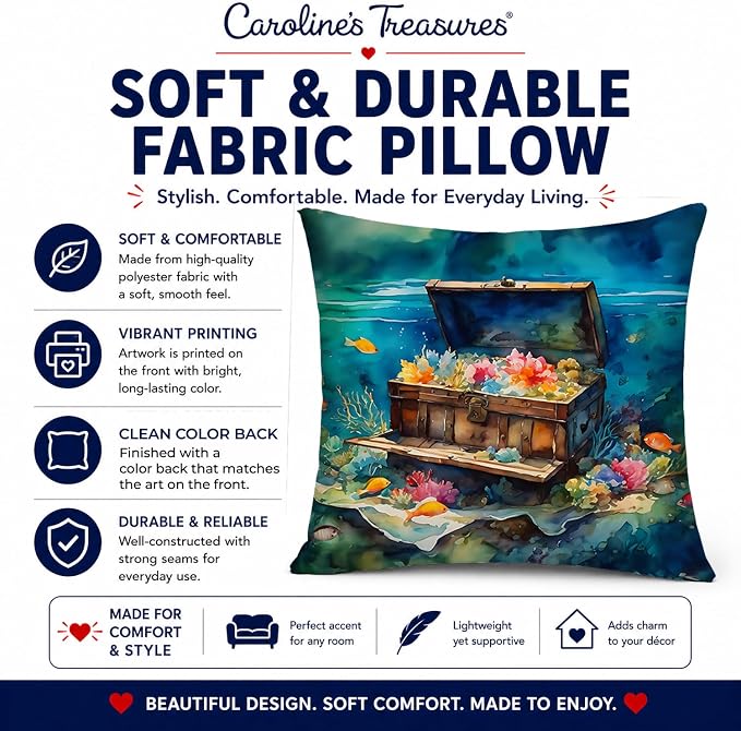 Caroline's Treasures Treasure Chest Throw Pillow Machine Washable, Indoor Outdoor Decorative Pillow for Couch, Bed or Patio, 14Hx14W
