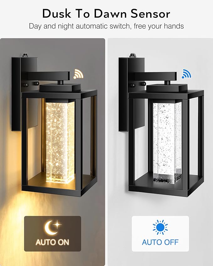 VIANIS Black Porch Lights Outdoor Dusk to Dawn, Modern Exterior Garage Lighting Fixture Wall Mount for House, 100% Aluminum Outdoor Wall Sconce Lantern for Coach with Integrated 10W LED Light Source