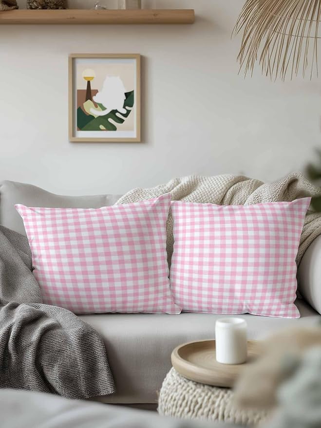 Outdoor Waterproof Throw Pillows Pink Geometric Plaid Patio Pillows Pack of 2,Decorative Pillow Covers with Insert,Pillow Cushion Case for Garden Couch Sofa Rustic Minimalist Checkered