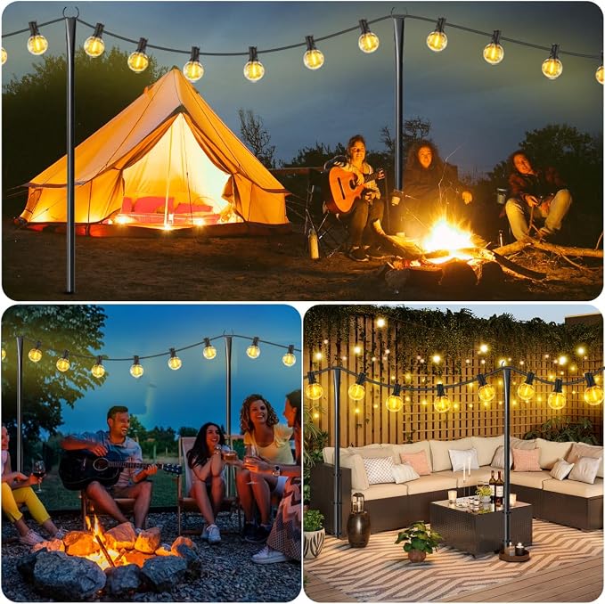 MuliVid 4 Pack String Light Poles for Outdoor,Metal Light Hanging Pole Outside with Fork,Light Stand for Patio, Pergola, Garden, Backyard, Yard, Camping Party (4 Pack)