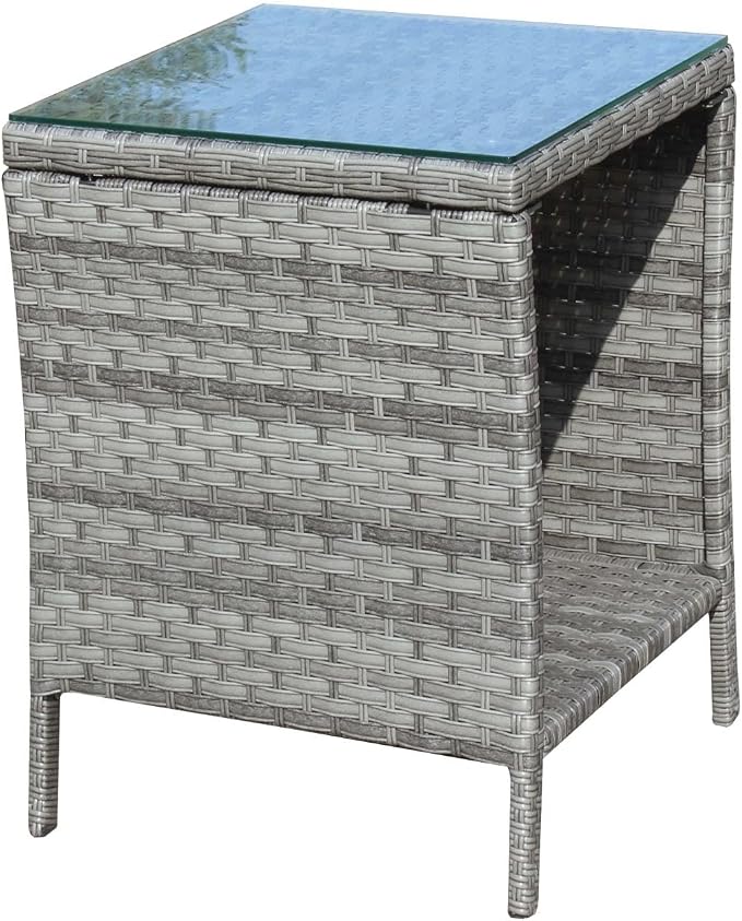 Rattan Side Table with Glass Top, Outdoor Wicker End Table for Patio, Porch, Garden, 19.25" Square, 21" Tall, 120 Lbs Capacity, Weather-Resistant PE Rattan, Easy Assembly