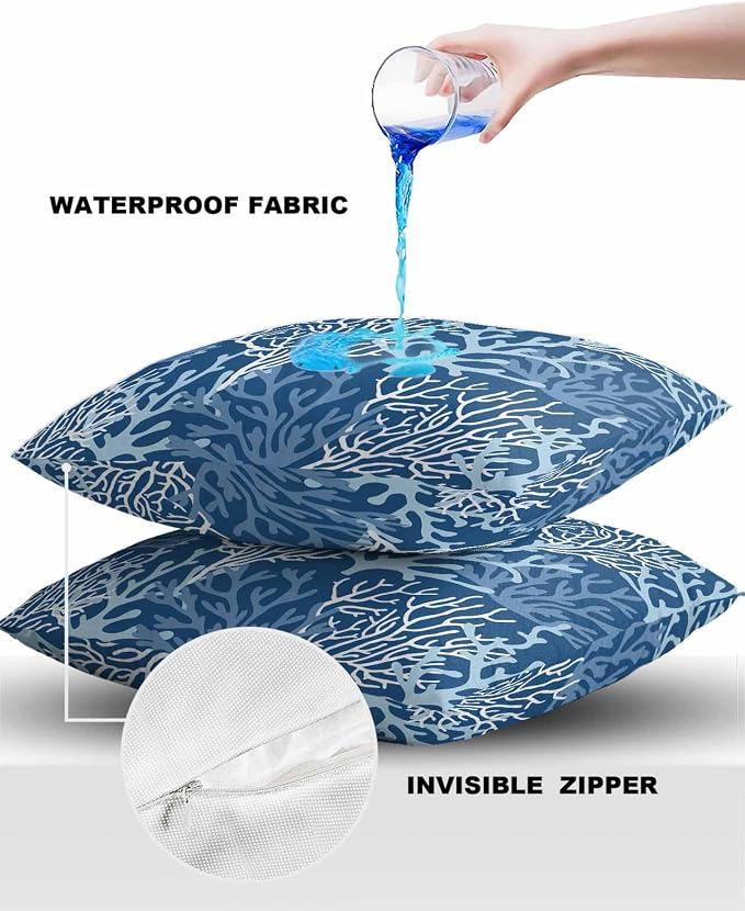 Pack of 2 Outdoor Pillow Covers 18x18 Waterproof Navy Blue Coral Throw Pillow Covers, Decorative Pillowcases Summer Coastal Beach Ocean Cushion Covers for Patio Garden Couch Pillow Case