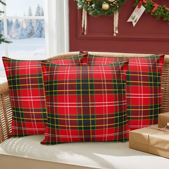 Outdoor Waterproof Throw Pillow Covers, Merry Christmas Red and Green Gingham Tartan Plaid Vintage Farmhouse Decor Pillowcases Cushion Covers Cases for Patio Couch Bench, Pack of 2 Square, 18X18 Inch