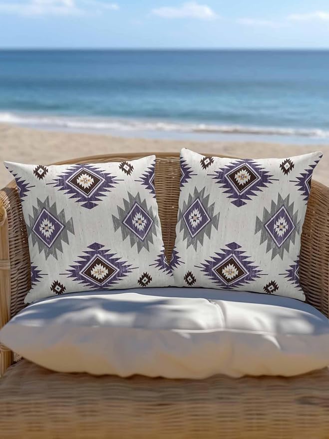 Waterproof Outdoor Pillow 1 Pack Purple Boho Aztec Decorative Throw Pillows Cover & Insert 18x18 Inch Pillowcase Southwest Tribal Style Square Pillows for Couch Sofa Bed Patio Furniture Indoor Outdoor