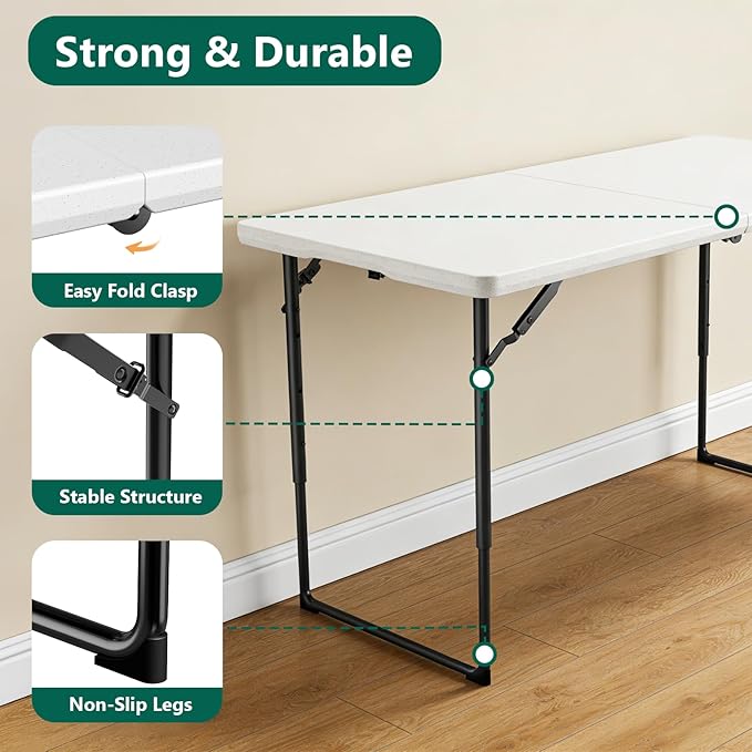 4FT Folding Table, Fold Up Picnic Table with Height Adjustable Portable Table for Indoor Outdoor Use Camping Table for Party, BBQ, White