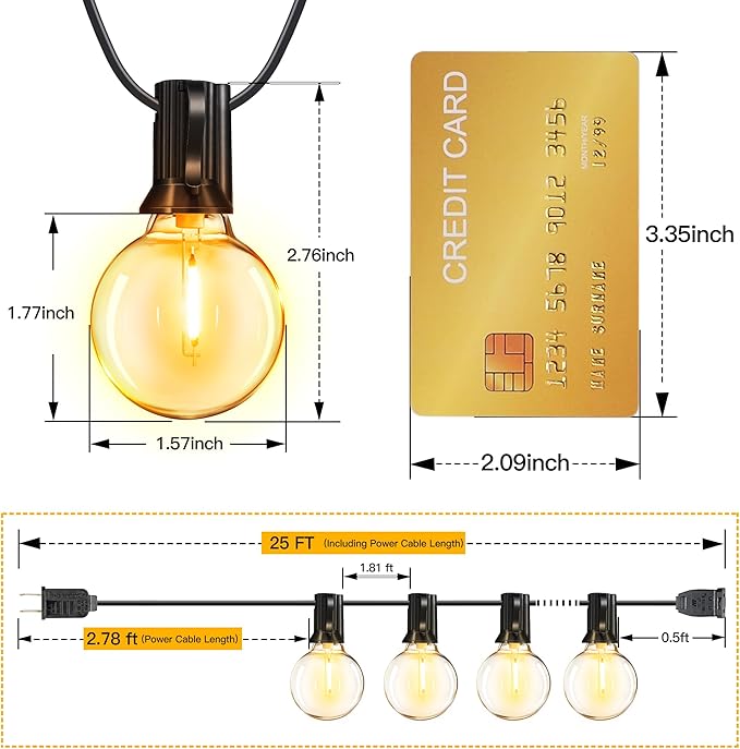 Ollny 25FT Outdoor String Lights, Waterproof Connectable Shatterproof Outside Light with 13 Edison + 1 Spare LED Bulbs Plug in, Patio Lights for Indoor Balcony Porch Camping Deck