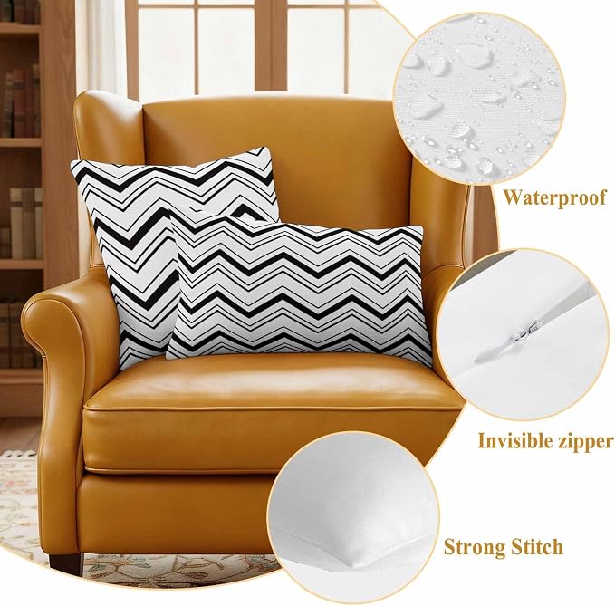 Abstract Geometric Outdoor Pillow Covers Set of 2 Ripple Stripe Chevron Black and White Waterproof Throw Pillow Cover Decorative Cushion Cases for Patio Porch Garden 18X18 Inch