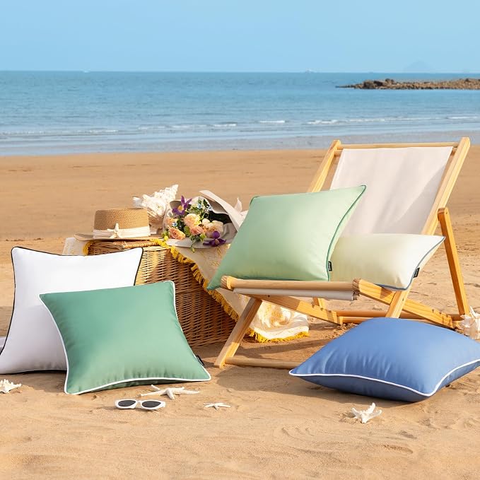 Phantoscope Pack of 2 Outdoor Waterproof Throw Pillow Covers with Contrast Piping, Decorative Square Cushion Case Patio Pillows for Couch Tent, Butter Yellow 18x18 inches