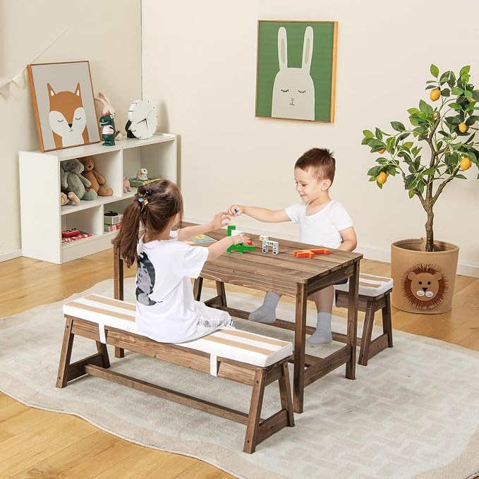 HONEY JOY Kids Picnic Table, Outdoor Wooden Table & Bench Set w/Removable Cushions and Umbrella, Stripe Fabric, Children Backyard Furniture for Patio Garden, Gift for Toddler Boys Girls Age 3+(Coffee)