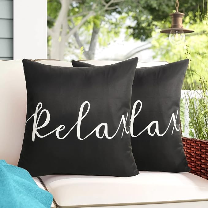 Merrycolor Set of 2 Black and White Outdoor Waterproof Pillow Covers 18x18 Relax Throw Pillow Covers Decorative Outdoor Pillows for Patio Furniture