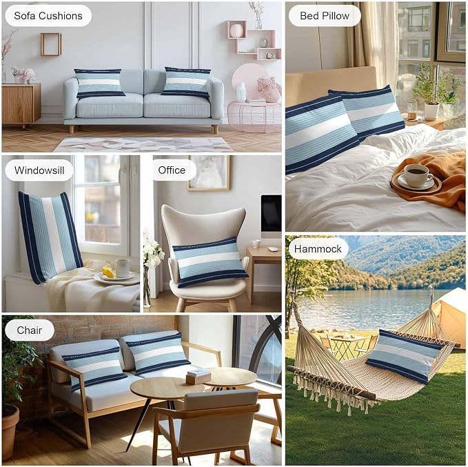 Navy Blue Aqua Stripe Outdoor Pillow Covers Waterproof, All Weather Cushion Case Set of 2, Modern Art Horizontal Striped Lumbar Pillowcase for Sofa Couch Bed Decor Patio Furniture 20"x12"