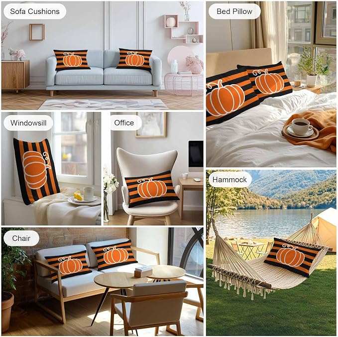 Orange Pumpkins Outdoor Waterproof Pillow Covers, Autumn Black Stripes Farmhouse Decorative Rectangle Throw Pillowcase Sofa Cushion Sham for Patio/Couch/Chair, 20"x12" 2 Pack