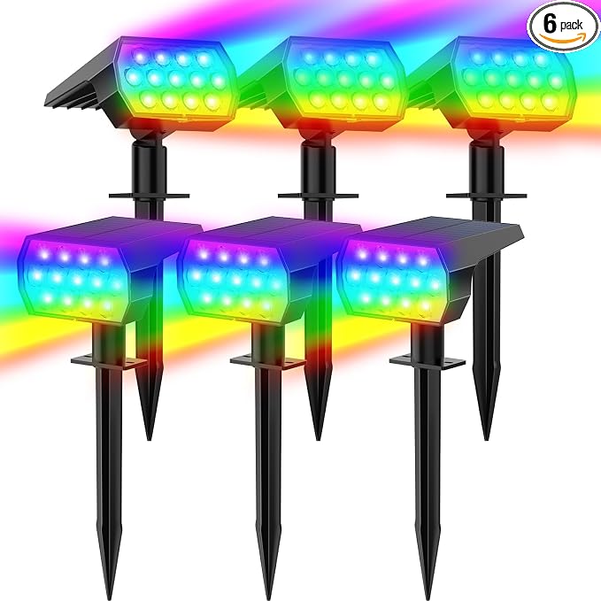 WELALO Color Changing Solar Lights Outdoor, IP68 Waterproof, RGB, 6 Pack | 7 Lighting Modes, Multicolor Solar Halloween Christmas Spotlights for Outside Landscape Yard Garden Tree Party Decorations