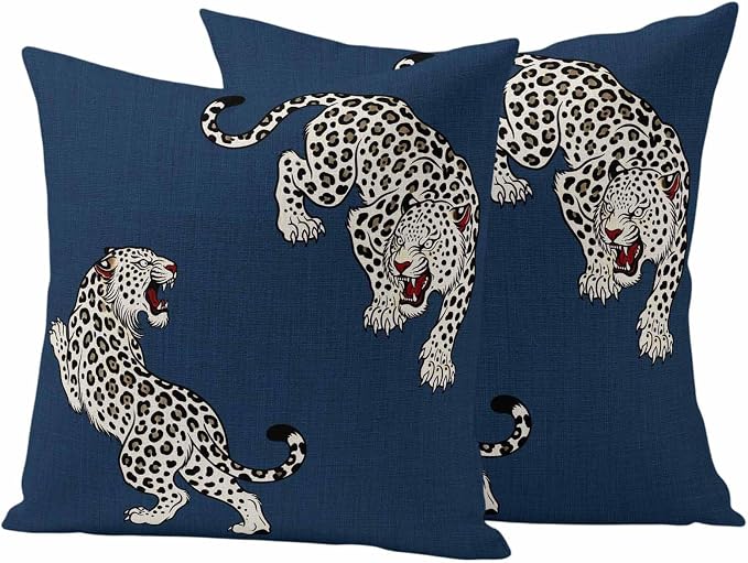 Vandarllin Outdoor Throw Pillows Covers 18x18 inch Set of 2 Waterproof Blue Leopard Decorative Zippered Cushion Covers for Patio Furniture, Bohemian Animal Print Lumbar Pillowcases