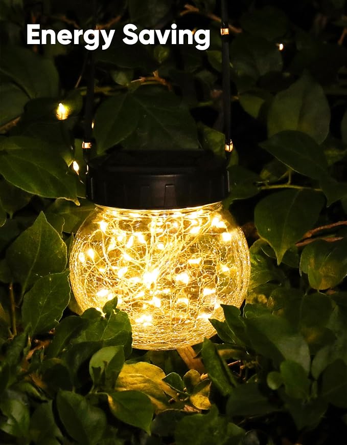 Solar Lights Outdoor Waterproof 12-Pack, Solar Powered Hanging Lantern Cracked Glass Hanging Globes for Yard Decor Christmas Decoration, Shepherd Hook, Garden Tree Ornaments, Warm White