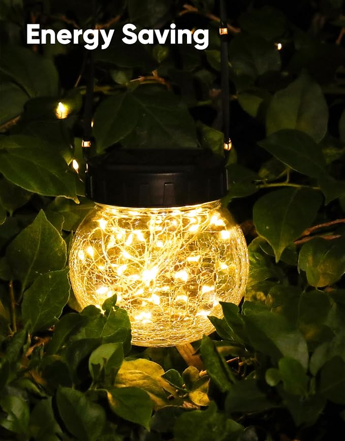 Solar Lights Outdoor Waterproof 24-Pack, Solar Powered Hanging Lantern Cracked Glass Hanging Globes for Yard Decor Christmas Decoration, Shepherd Hook, Garden Tree Table Ornaments, Warm