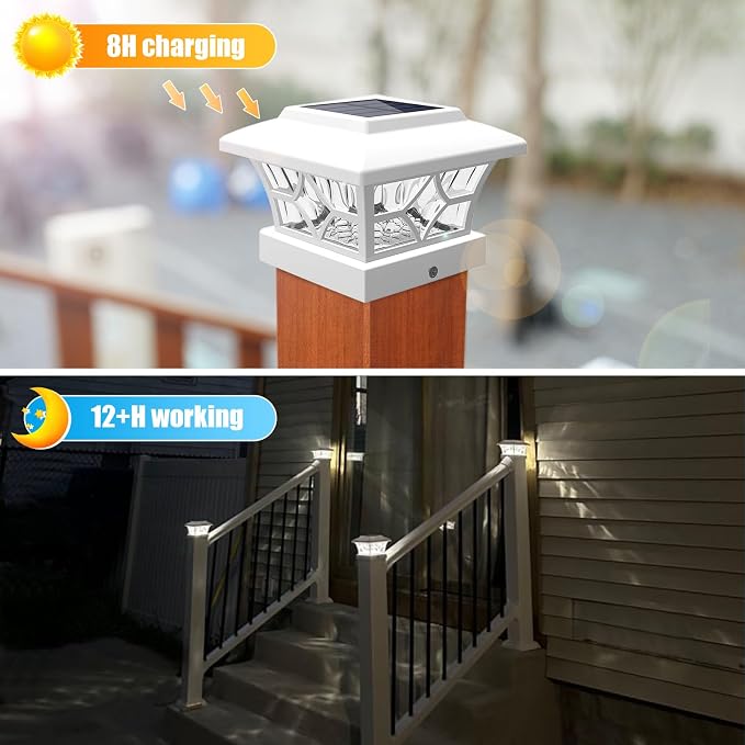 VOLISUN Solar Post Cap Lights Outdoor, Solar Powered Fence Cap Lights for 4x4 Vinyl/Wood, White Waterproof Solar Deck Post Light 8Pack Cool/Warm for Garden Patio Porch