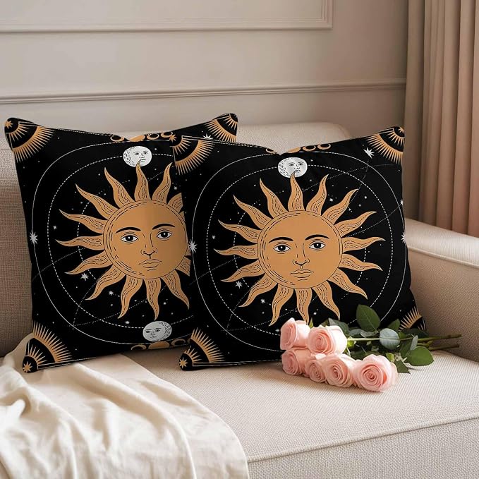 Celestial Sun and Moon Waterproof Outdoor Pillow Covers Set of 2 Home Decor, Black Sky Gold Star Boho Pillowcase Patio Pillow Covers for Couch Bench Patio Furniture Garden 18x18in