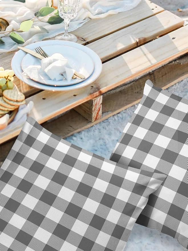 Outdoor Waterproof Throw Pillow Covers Set of 2 Gray Buffalo Check Plaid Pillowcases 20x20 Inches Farmhouse Style Patio Decorative Pillows Cushion Case Patio Pillows for Couch Bed Chair Garden