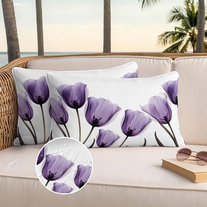 Spring Purple Outdoor Waterproof Throw Pillow Covers Set of 2, 20"x12", Flowers Image of Tulips Floral Decorative Pillow Covers Outside Cushion Case for Patio Porch Garden