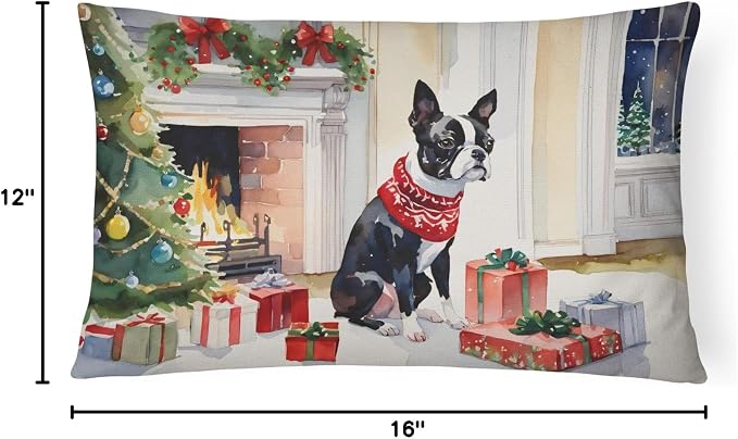 Caroline's Treasures DAC2618PW1216 Boston Terrier Cozy Christmas Throw Pillow Machine Washable, Indoor Outdoor Decorative Pillow for Couch, Bed or Patio, 12HX16W