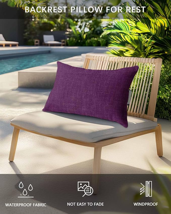 Pack of 2 Outdoor Lumbar Pillow Covers 11x16 Inch, Purple Burlap Texture Waterproof Throw Pillow Covers Set, Farmhouse Vintage Purple Indoor&Outdoor Decorative Cushion Cases for Patio Porch Beach
