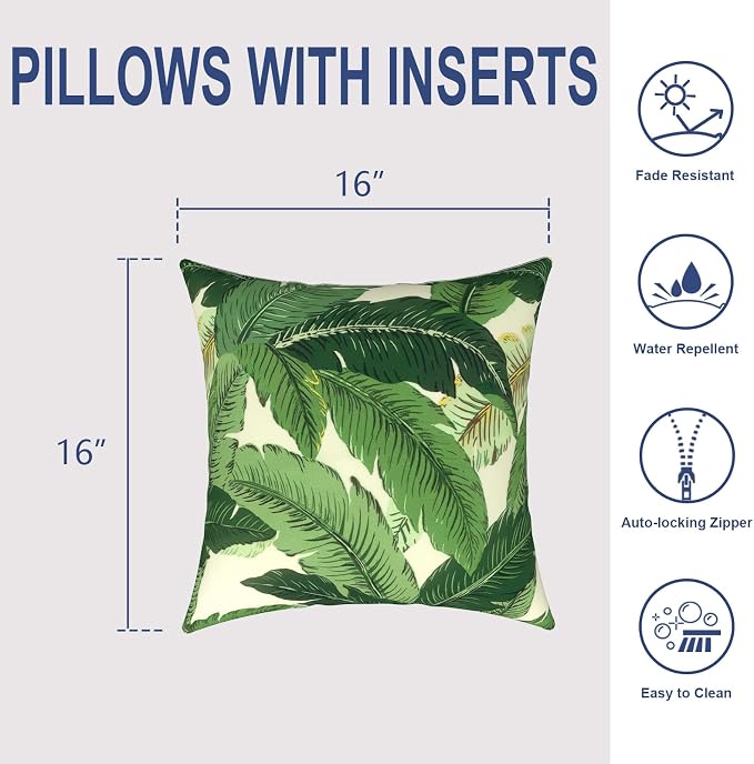 Outdoor Throw Pillows 16x16 Inch, Water Repellent Patio Pillows with Inners Set of 2 for Patio Furniture Home Garden, Swaying Palms Green