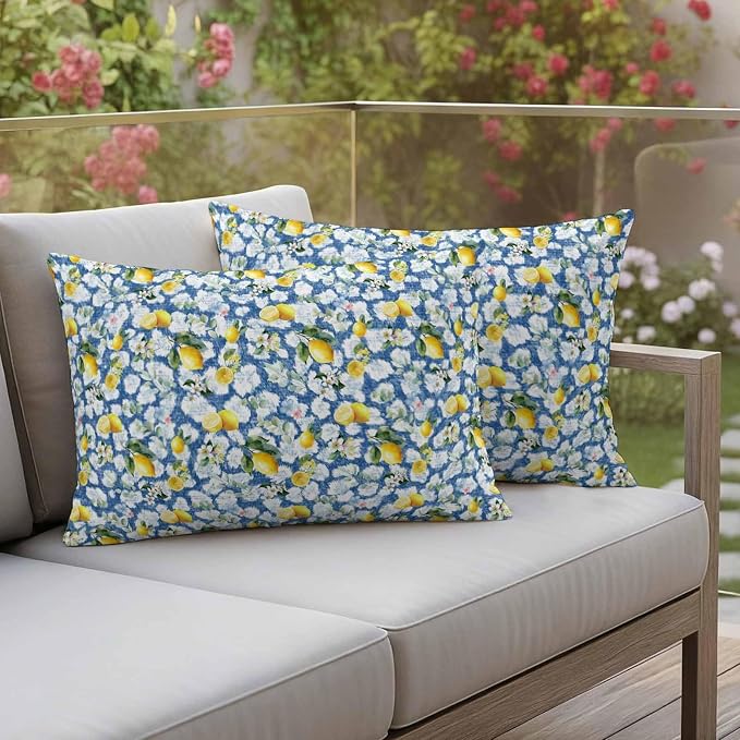 Yukro Summer Lemon Outdoor Waterproof Pillow Covers Pack of 2, Yellow Fruit White Flowers Country Plant Blue Throw Pillowcases Decorative Cushion Covers for Garden Patio Tent Sofa Couch, 20x12 inch