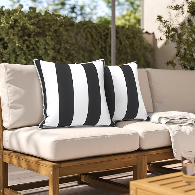 Outdoor Throw Pillows Inners, Fade Resistant Patio Furniture Square Pillows with Piping Set of 2 for Patio Furniture, 18x18 Inch, Cabana Black
