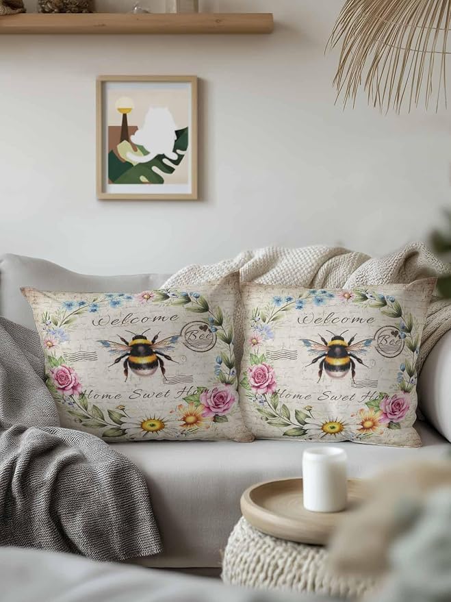 Outdoor Waterproof Throw Pillows Farmhouse Flower Leaf Wreath Patio Pillows,Decorative Pillow Covers with Insert,Pillow Cushion Case for Garden Couch Sofa Rustic Bee Retro Letter