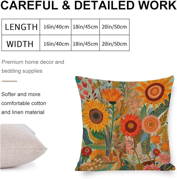 Throw Pillows Colorful Painting of Sunflowers Poppies Cushion Case 16"x16" Beautiful Flower Pattern Linen Cushion Case Decoration for Sofa Couch Decorative Cutton Linen Cushion Cases
