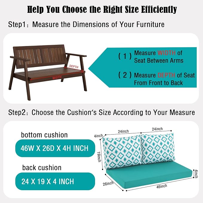 Outdoor Loveseat Cushions for Patio Furniture, Waterproof Cushion | Couch Hampton Bay Deep Seat Cushion Replacement Set 46" x 26", Patio Love Seat Sofa Cushions for Porch Garden Chair, Blue