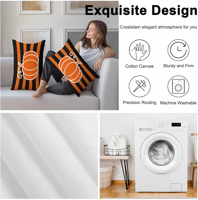 Orange Pumpkins Outdoor Waterproof Pillow Covers, Autumn Black Stripes Farmhouse Decorative Rectangle Throw Pillowcase Sofa Cushion Sham for Patio/Couch/Chair, 20"x12" 2 Pack